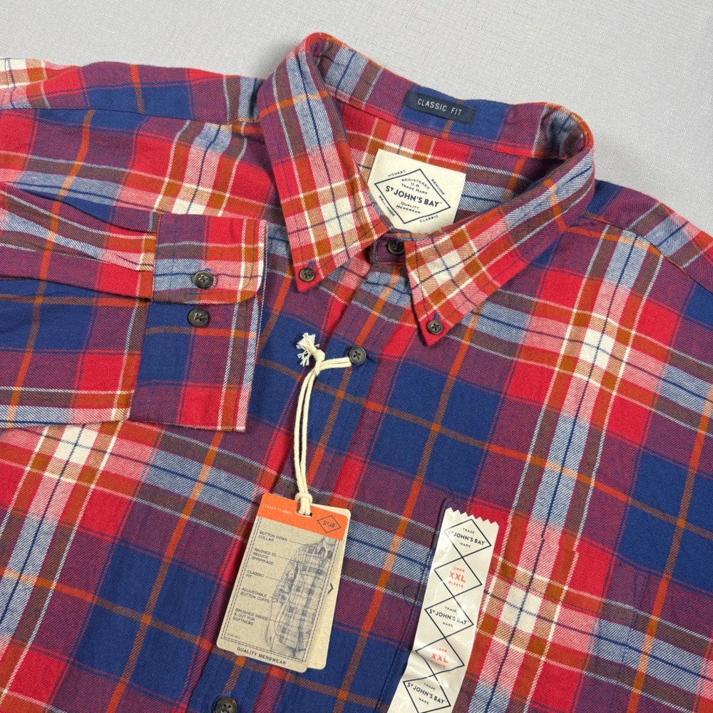 St. Johns Bay Mens XXL Flannel Shirt Red Blue Plaid Long Sleeve Classic Fit NWT